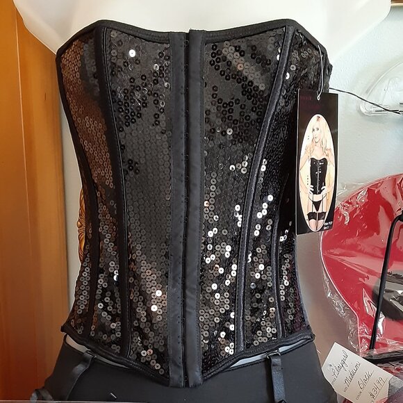 NWT Black Sequin LARGE Bustier/Corset w/Garters - Picture 1 of 15